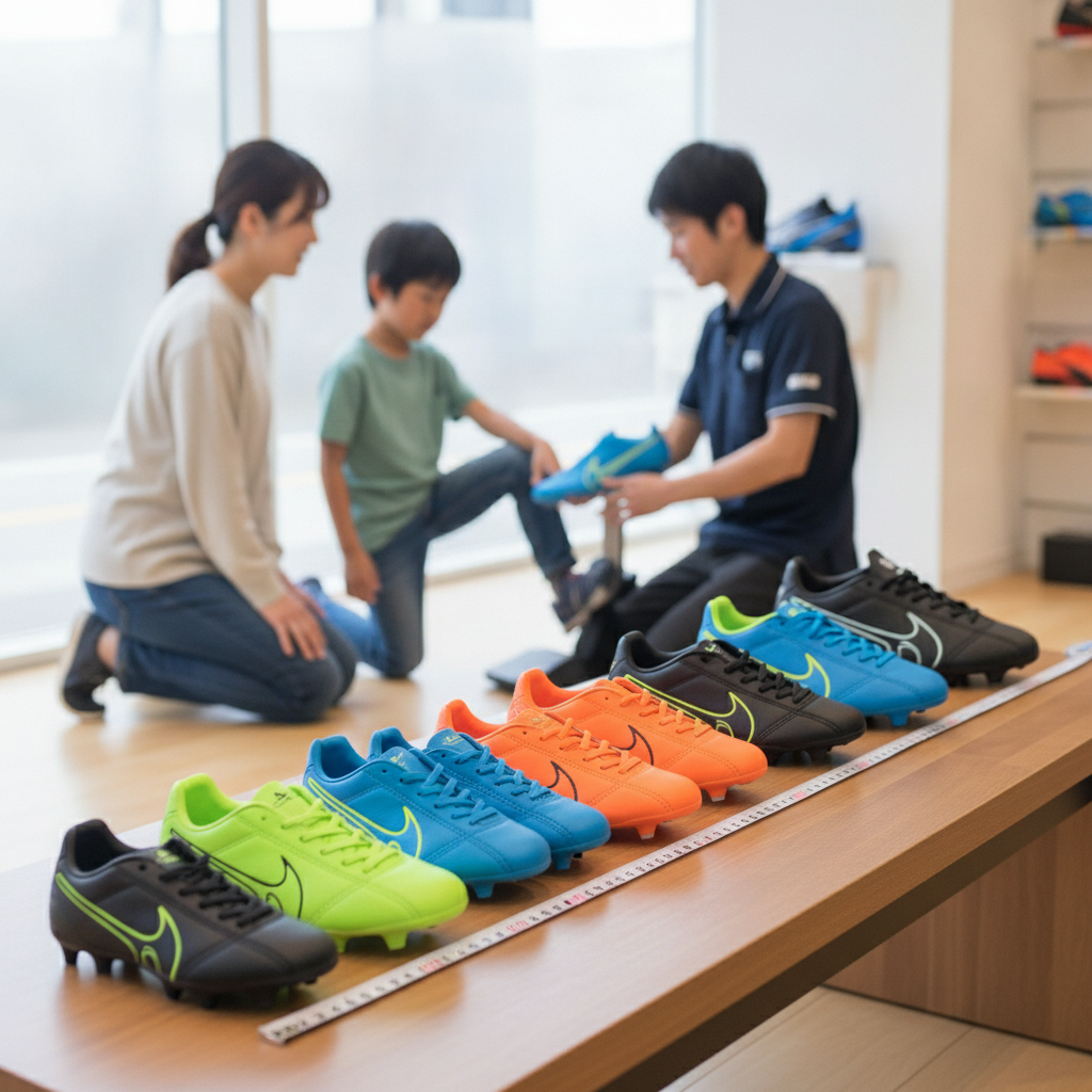 ジュニア用サッカースパイクを選ぶ際、足の成長を考慮してどのくらいのサイズ感で選ぶのが適切ですか?