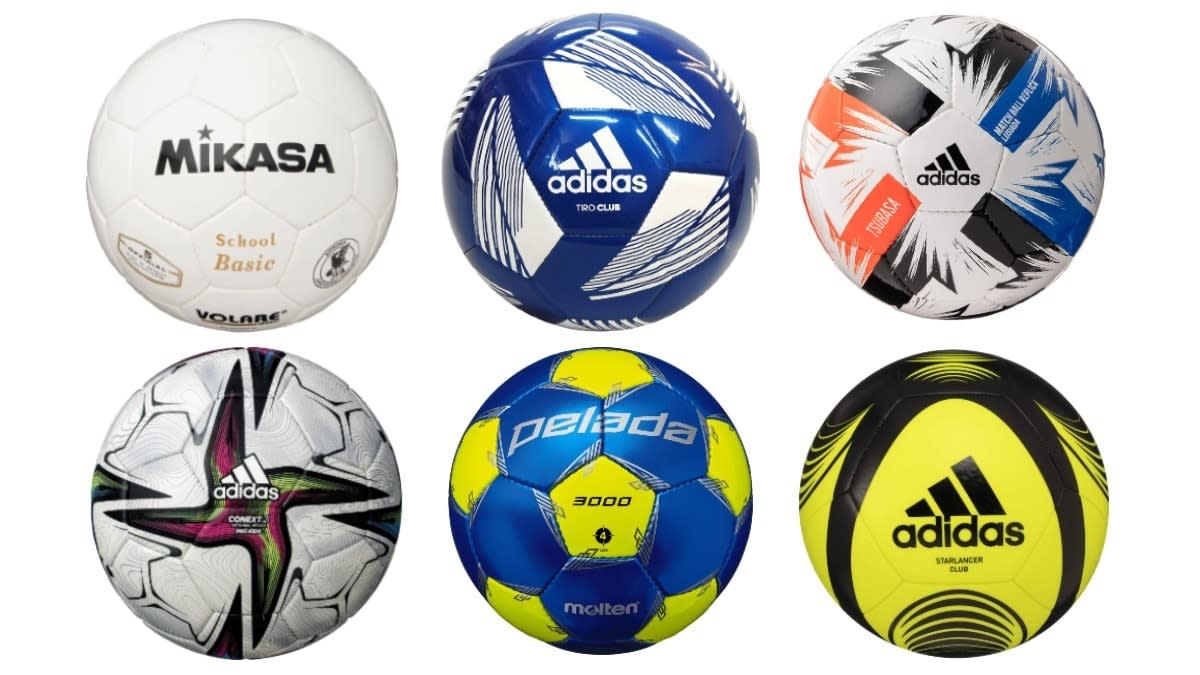 芝生の上に並んだ3つのサッカーボール。左から3号球、4号球、5号球と並び、小学生向けのボール選びで重要なサイズの違いを比較。